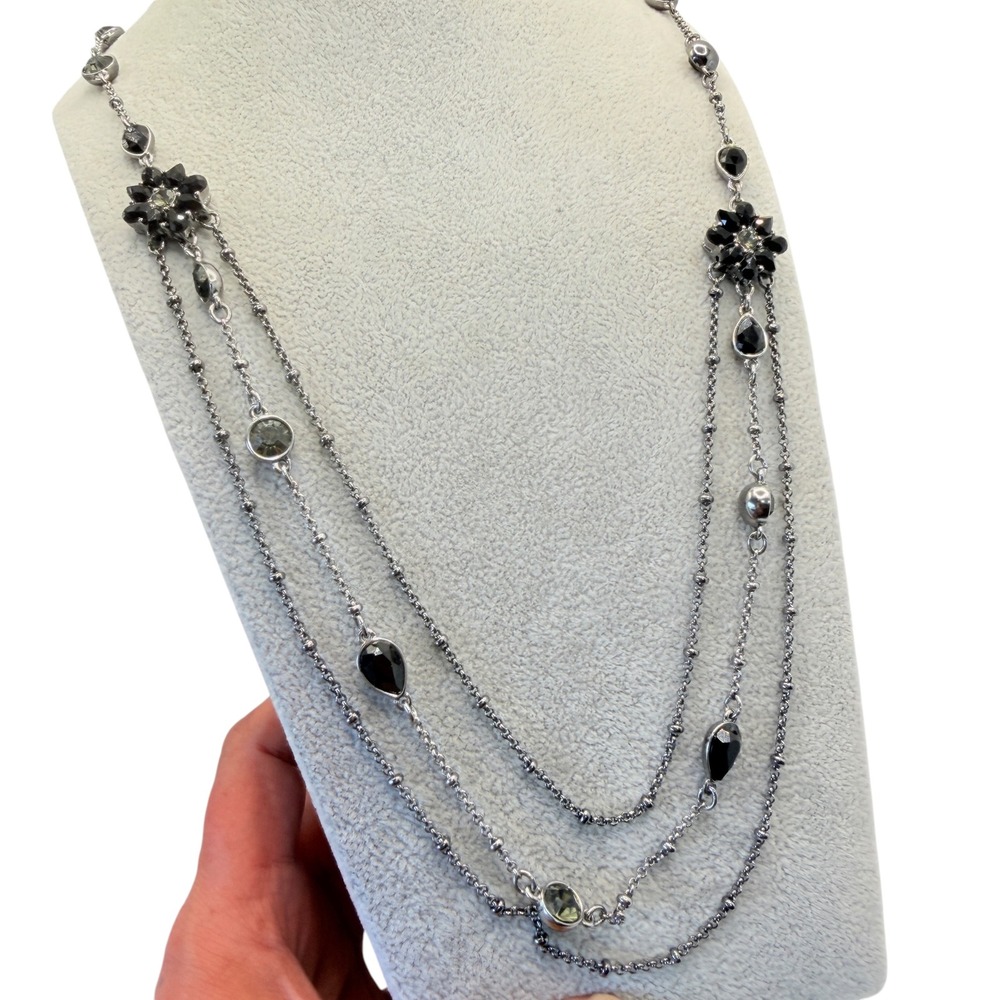 Layered Necklace Gunmetal Black Smoky Crystal Floral Statement 32 inch